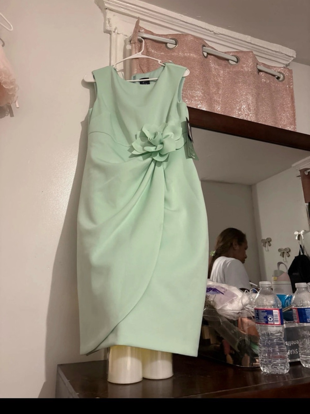 Macy's Mint Green Sleeveless Midi Dress with Floral Applique